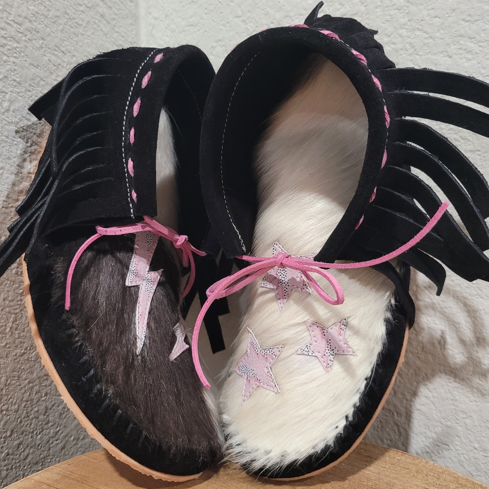 Black and White Cowhide Moccasins with Pink Accents - Picture 2 of 5
